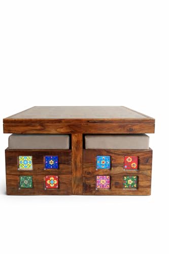 Image of Wooden Coffee Table with 4 Stools, Ceramic Tiles On Table Top with Ceramic Tiles Design Stool, Table 86x86x46 cm, Stool 40x40x35 cm (Natural)