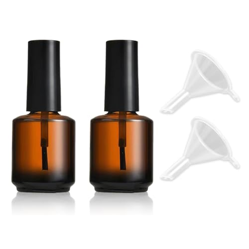 2 Pcs Empty Nail Polish Bottles with Brush 15ml Brown Nail Polishes Containers Empty Fingernail Polish Bottles Cylindrical Bottle with Brush Cap and 2 Pcs Funnel for Easy Filling for Nails Art Sample