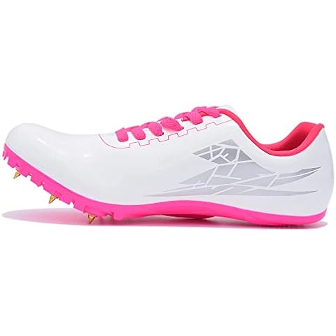 THESTRON Track Shoes Spikes Mens Womens Distance Running Sneakers Athletic Sprinting Track and Field Racing Shoes with Spikes Boys Girls … White-Pink Cover