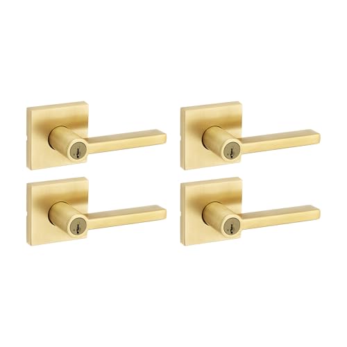 Image of Kwikset Halifax Entry Door Handle with Lock and Key, Secure Keyed Reversible Lever Exterior, for Front Entrance and Bedrooms, Satin Brass, 4 Pack, Pick Resistant SmartKey Rekey Security