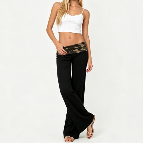 Image of Lounge Yoga Pants for Women Fold Over Low Waist Wide Leg Bell Bottoms | Y2K Foldover Pants, Flare Leggings, Low Rise Yoga Sweatpants