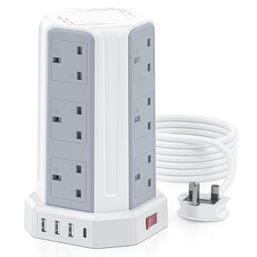 Tower Extension Lead 3M, Aodeng 12 Way Extension Tower Multi Plug Extension Sockets with 4 USB Slots, [13A 3250W] Surge Protector Extension Cable 3M for Home, Office, Kitchen