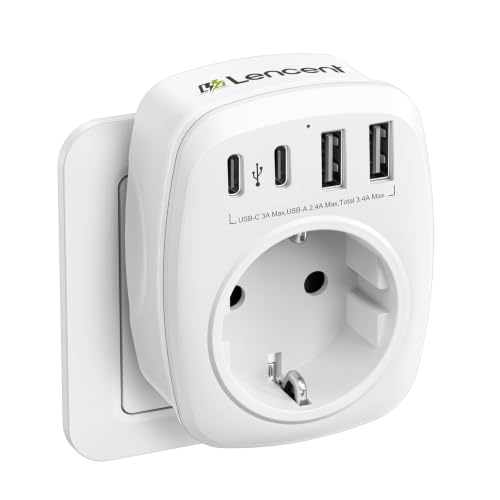 LENCENT USB Steckdose Mehrfachstecker EU Adapter 5-in-1 Steckdosenadapter mit 3 USB Ladegerät Anschlüße 2,4A, 1 Typ-C Port 3A, Wand Steckdose Schuko 4000W Stromadapter Stecker mit Kindersicherung Weiß