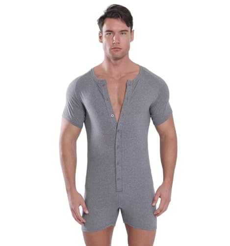 Mens Short Sleeve Onesie Bodysuit Henley Jumpsuit One Piece Pajamas Rompers2