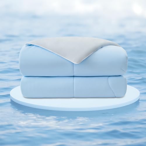 EMME Cooling Comforter Twin Size, Double-Sided Cooling Blanket for Hot Sleepers, Q-Max>0.45 Breathable Summer Quilt for Night Sweater, Cold Touch Lightweight Duvet Insert (Blue,68 x 90)