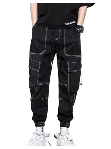 OYOANGLE Men's Drawstring Elastic Waist Jogger Cargo Pants Solid Casual Trousers with Flap Pockets