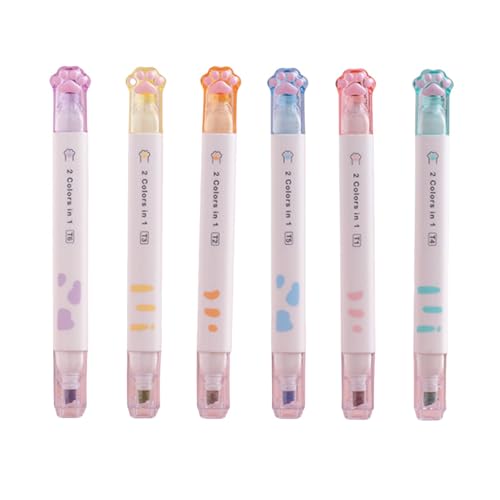 Lot de 6 surligneurs à double tête - Mignon - Plagiocéphalie claire - Protection des yeux - Double tête - Accessoire de marqueur lumineux et vintage - Pour scrapbooking, journaling, notes,