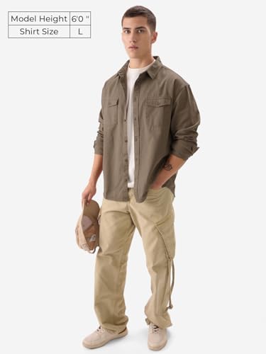 Image of The Souled Store Solids Off White Long Sleeve Collared Cotton Utility Shirts for Mens & Boys- Regular Fit with Classic Style
