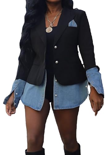 Vaceky Women's Denim Shirt-Tail Blazer Pearl Buttons Slit Jean Cuffs