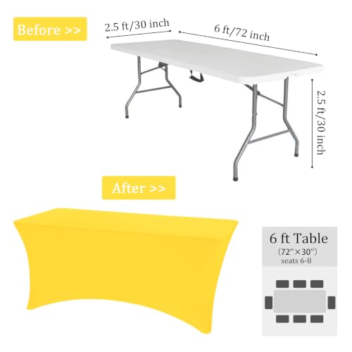 Image of 2 Pack 6FT Spandex Table Covers Washable Wrinkle Resistant Fitted Rectangle Tablecloth for Folding Table Wedding Party Birthday Banquet Bar Events (Yellow, 72 inch L x 30 inch W)