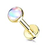 Amelia Fashion 16 Gauge Iridescent Stone Top on Internally Threaded 316L Surgical Steel Flat Back Studs for Labret, Monroe, Cartilage and More (Gold/Clear | L.5/16