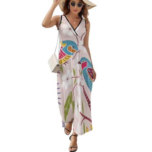 Robe de plage fluide et légère à motif oiseaux colorés sans manches