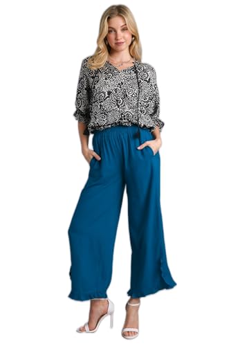 Umgee USA Linen Blend Elastic Waist Ruffle Hem Pants with Pockets