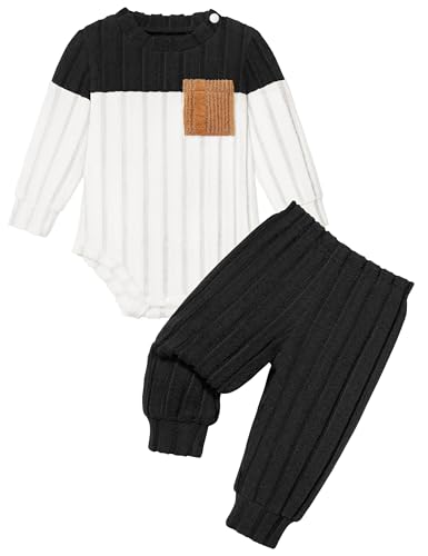 Image of Baby Boy Clothes Color Block Ribbed Knitted Outfits Long Sleeve Romper+ Pants 2PCS Outfit 0-12 Months