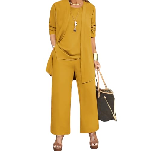 Women 3 Piece Outfits Long Sleeve Cardigan Sleeveless Top Wide Leg Pants Sweatsuit Sets Wedding Guest Pant Suits