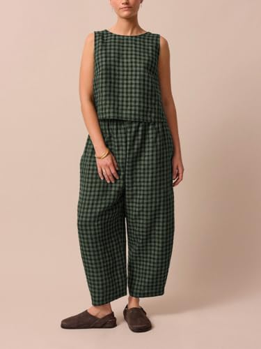 Image of Womens 2 Piece Lounge Sets Cotton Plaid Crop Top High Waisted Baggy Ankle Barrel Pants Gingham Matching Set