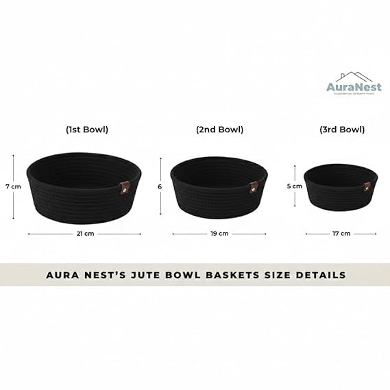 Image of Handmade Jute Cotton Storage Baskets Set of 3 for Dining Table, Fruit Basket & Roti Bowl, Cane Style Organizer for Kitchen, Home Decor, Washable Multipurpose (Black)