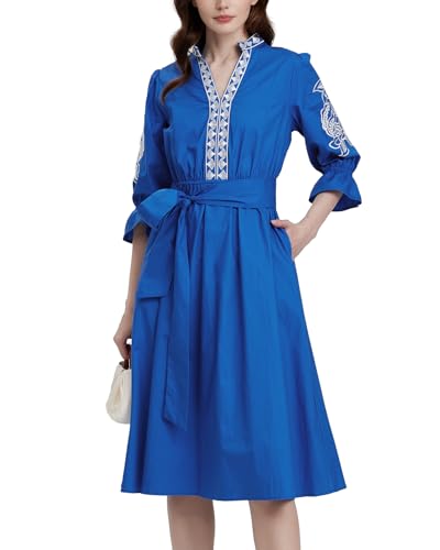 Kedera Womens Midi Summer Dresses Casual 3/4 Sleeve V Neck High Waisted Embroidered Cotton Flowy Dress 2025 with Pocket2