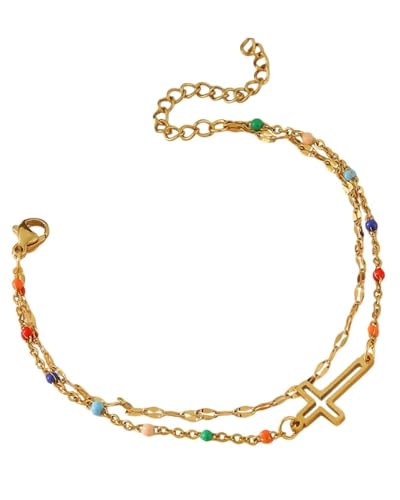 MYGLOAR Bracelet plaqué or 14 carats, bracelet femme, chaîne croisée, double couche, croix, ajustable, or et acier inoxydable (Bohême 3)