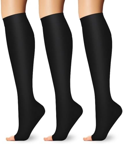 3 Pairs Toeless Compression Socks - 15-20mmHg Knee High Open Toe Support Stockings For Men & Women