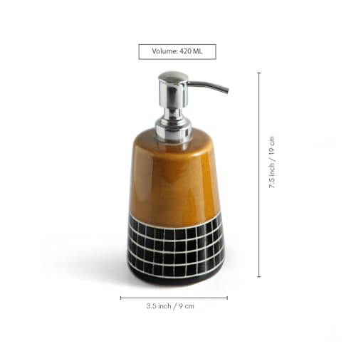 Image of ExclusiveLane 'Sun Checkered' Ceramic Soap Dispenser Set for Bathroom Wash Basin Bathroom Accessories Set of 3 (Liquid Soap Dispenser, Toothbrush Holder, Soap Tray Holder, Hand-Carved)
