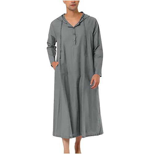 Men's Muslim Arab Caftan Long Sleeve Button Up Long Gown Drawstring Cotton Linen Hooded Muslim Robe Mens Clothing4