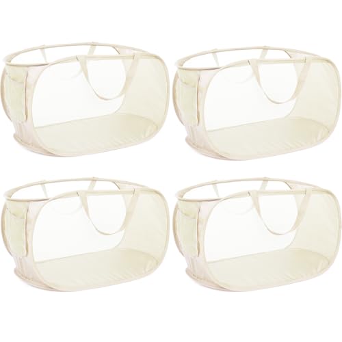 Image of 4 Pcs Durable Collapsible Laundry Baskets, Foldable Large Opening Pop Up Laundry Hamper with Pocket, Clothes Hamper with Handles for Laundry, Bathroom, Kids Room, Dorm or Travel Beige