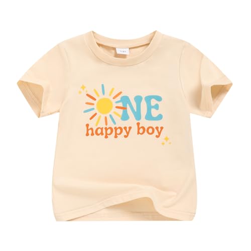 Baby Boy 1st Birthday Shirt First Birthday Outfit Boy - One Year Old Short Sleeve Tee(Apricot+Sun 9-12M)