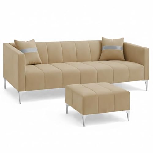 Image of Solomon 4 Seater L Shape Sofa Set with Movable Ottoman | Flexible Left or Right Layout | Luxe Velvet Suede Fabric | Comfortable Seating | Modern Sofa for Living Room - Beige