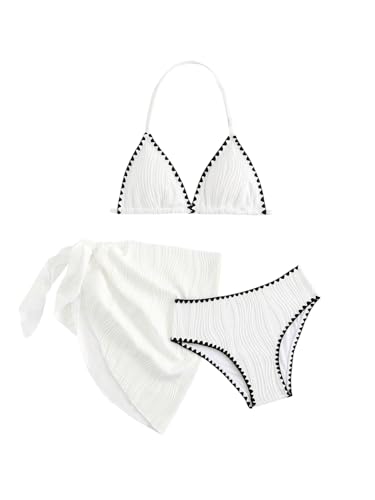 Image of SHENHE Girl's 3 Piece Swimsuits with Cover Up Triangle Halter High Waisted Bikini Bathing Suits