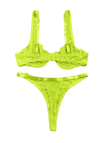 Image of Lilosy Petite Sexy Floral Lace Scallop Underwire Push Up Sheer Lingerie Set Outfits Women See Through Match Thong Bra and Panty 2 Piece Neon Green X-Small