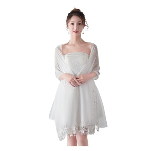 Robe de soirée longue dentelle mousseline cape pompons écharpe