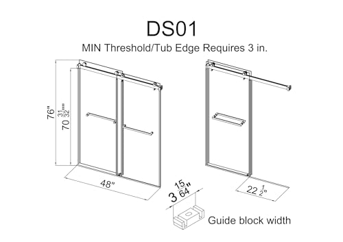 YINVANI Frameless Shower Door, 46"-48" W x 76" H, Width Adjustable, SGCC Certified 3/8" (10 mm) Clear Tempered Glass, Double Sliding Shower Door, Stainless Steel Brushed Gold Finish DS01