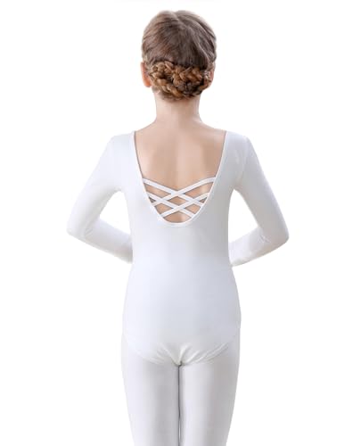 FONLAM Maillot de Ballet Danza para Niña Manga Larga Maillot Gimnasia Traje de Ballet Leotardo Baile Algodón Niña (3-4 Años, Blanco)