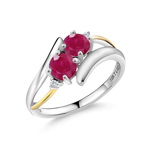 Gem Stone King 2 Tone 925 Sterling Silver and 10K Yellow Gold Red Ruby and Lab Grown Diamond 2 Stone Crossover Women Ring (1.12 Ct Round 5MM, Gemstone Birthstone, Available In Size 5, 6, 7, 8, 9)