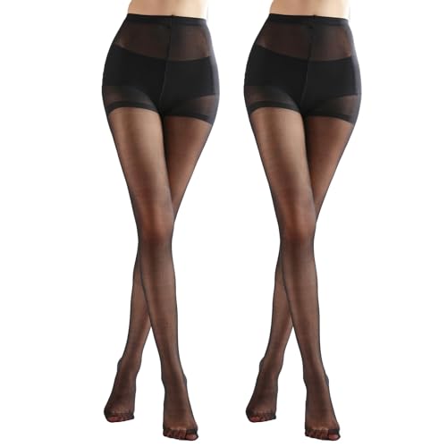 Weziarer 2 Pairs Women's Sheer Tights with Run-Resist,20D Ladies High Waist Support Control Top Pantyhose-Reinforced Toes
