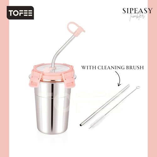 Image of TOFEE Stainless Steel Tumbler with Lid, Straw & Cleaning Brush (Each 400ml) Leakproof Travel Cup, Reusable & Durable, Sippy Cups for Home, Office & Outdoors (2, Pink)
