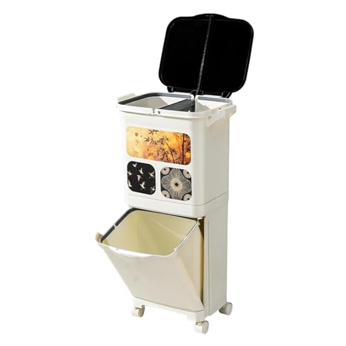 Pitycbo Pattumiera Cucina con Ruote Universali E Cassetto Estraibile Bidone Raccolta Differenziata Grande Capacità 38L Resistente Pp Adatta per Cucina Apparta, Bianco crema