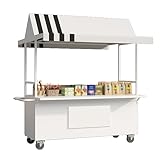 Street Food Cart 140 cm weißer Händlerwagen mit Rädern, ideal für Handwerksmessen, Bauernmärkte, Lebensmittelstände, mobile Lebensmittelverkäufer-Lösungen