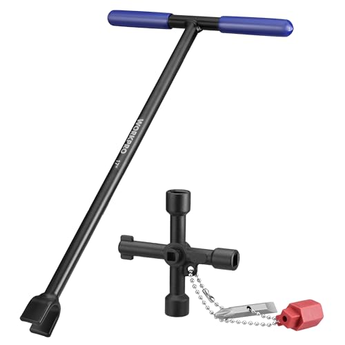 WORKPRO 17 Water Meter Key with 4 Way Utility Key Heavy Duty Steel Water Shut Off Curb Key with Non-Slip T-Handle Extended Reach Valve Tool for Outdoor Underground Water Valves