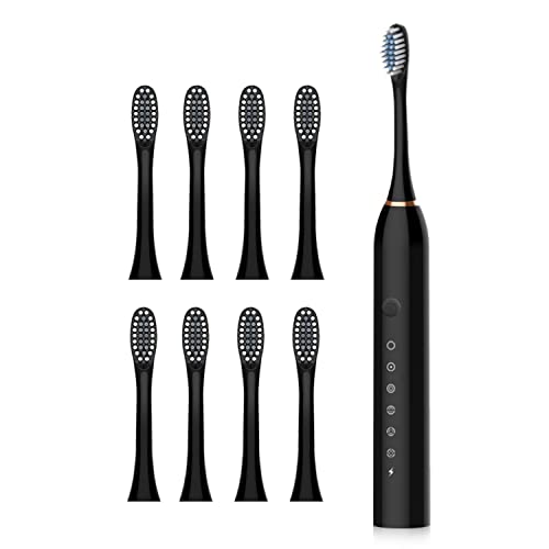 Rechargeable Electric Toothbrush with 8 Brush Heads, Whitening Toothbrush with 6 Cleaning Modes and Smart Timer, IPX 7 Powerful Waterproof Cleaning Tooth Brush for Adults(Black)