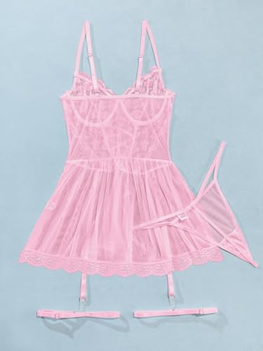 Image of Lilosy Sexy Garter Belt Mesh Lace Babydoll Lingerie Dress Set with Thong