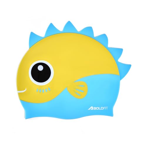 Image of Boldfit DinoSplash Kids Swimming Cap Fun Yellow & Blue Dinosaur Theme Non-Slip Silicone Swim Cap for Boys & Girls (Age 3-12)