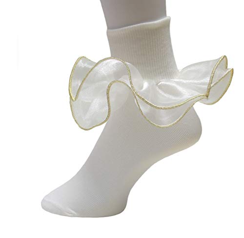 Girls Double Ruffle Socks - Big Full Organza with Trim Pageant Fanfare Foldover Ankle Style - 6-12 Month Old (Size 3-4, Ivory w/ Gold Trim)