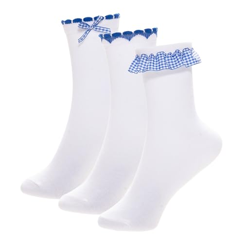 A2Z 4 Kids Girls Gingham Lace Trim - Socks Gingham AZ1453 3 Pack Blue 7-10