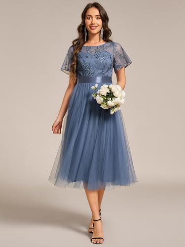 Image of Ever-Pretty Women's Round Neck Lace Embroidered Short Sleeve A Line Tea-Length Cocktail Dress 02293