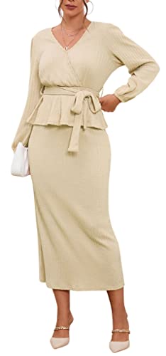 CHARTOU Women 2 Piece Knit Skirt Set Office Work Peplum Sweater Skirt Set Outfits with Belt