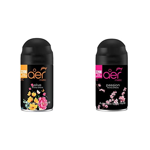 Godrej aer matic, Automatic Air Freshener Refill Pack - Petal Crush Pink (225 ml) & aer Smart Matic – Automatic Air Freshener Refill, Premium Fragrance - Passion (2200 sprays)