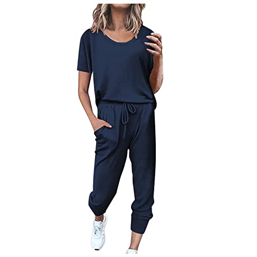 EMATOP Sportanzug Damen Sommer Kurzarm Tracksuit Casual Baumwolle Trainingsanzug 2 Teilig Einfarbig Jogginganzug Lose T-Shirt Top und Hose Freizeitanzug mit Taschen Sportswear für Running Yoga