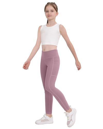 CHRLEISURE Girls' Athletic Leggings with Pockets, 5 Packs Kids Teen Dance Yoga Workout Running Pants for 5-15 Years4